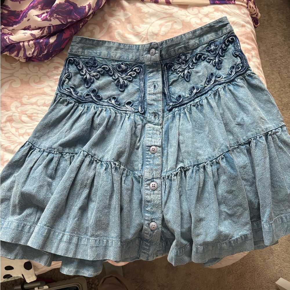 Free People Blue Embroidered Tiered Mini Skirt